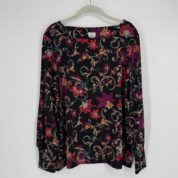 Chicos top large L black floral square neck stretch work office career business - Picture 1 of 6